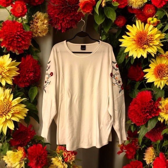 Aaeda Winter White Knit Sweater with Floral Embroidery - Picture 1 of 14